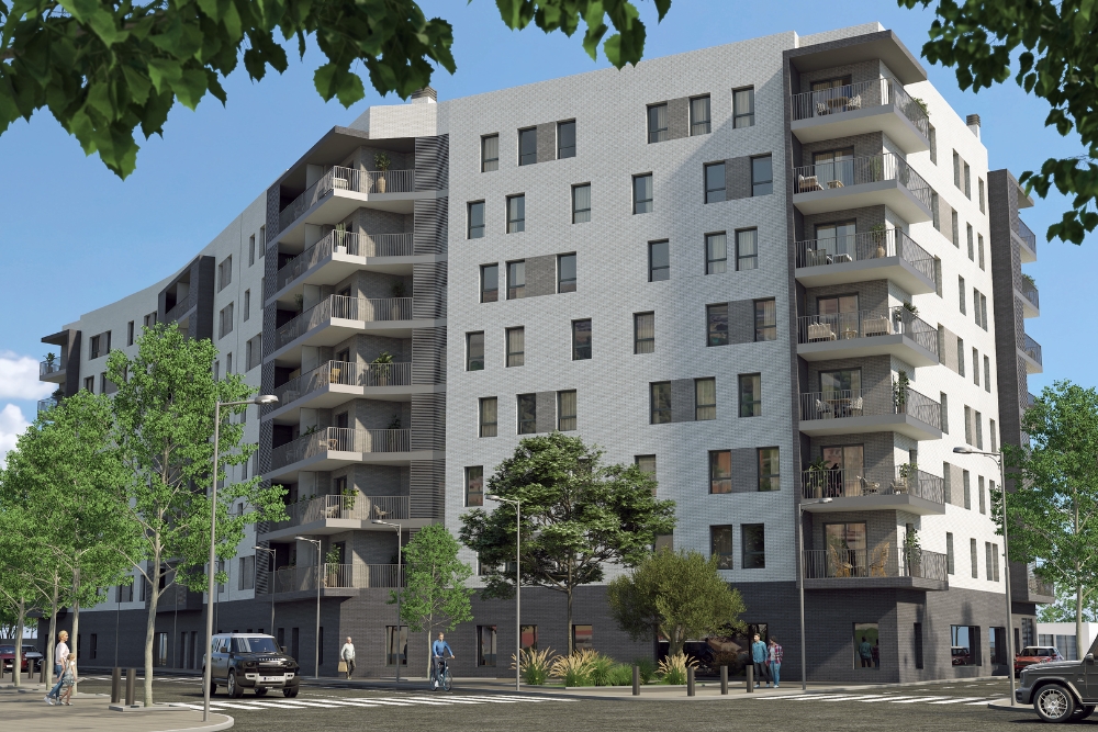 Edificio residencial de varias plantas con diseño contemporáneo, balcones amplios y detalles en gris y blanco. Alrededor del edificio hay árboles y vegetación, y se ven personas paseando por la calle, sugiriendo un ambiente urbano amigable y una comunidad residencial activa.